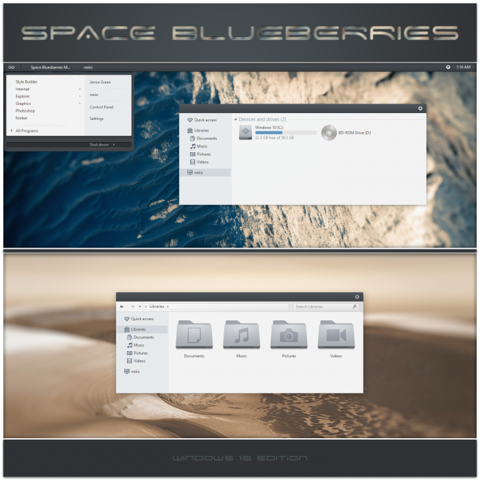 Space Blueberries — простая тема с тёмными заголовками окон